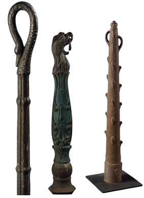 Shown from left, a graceful swan's head post with bent neck forming the loop, second half Nineteenth Century, height 56 inches. Attributed to the J.W. Fiske Iron Works, this eagle post is stylish and well defined, second half Nineteenth Century, height 44 inches. A tree-form hitching post with two clipped branches forming enclosed rings just below the acorn finial top, second half Nineteenth Century, height 37 inches.