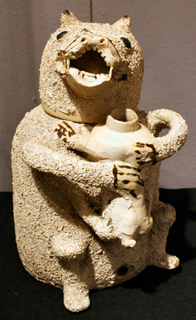 A bear-baiting jar at Simon Westman, a London dealer in early English pottery.
