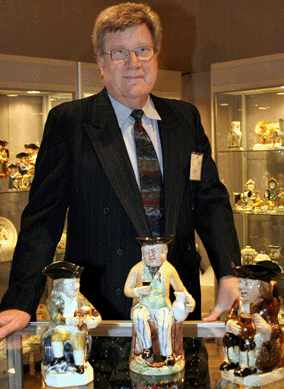 "The great early Toby jugs are much more popular than they were,†says Alan Kaplan, who brought a delectable assortment from $1,000 and up. From left to right are Lord Admiral Howe, The Sailor and Ralph Wood's Roman Nose, Eighteenth Century examples priced between $17,500 and $27,500. Leo Kaplan, Ltd, New York City.