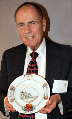 "The story of the China Trade is on this plate,†said John Suval. From the Arms of Holbourn service, the $5,500 piece pictures views of the harbor at Plymouth Sound, Fort St George in Madras, and the Pear River in Canton. Philip Suval, Inc, Fredericksburg, Va. 