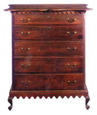 The Schoedingers became good customers of Nathan Liverant and Son after being introduced to Arthur Liverant and his father, Zeke, two decades ago. Arthur Liverant bought back nearly a dozen pieces, including this Connecticut River Valley Queen Anne cherrywood and birch chest-on-frame, $73,000, on loan to Historic Deerfield between 1998 and 2007.