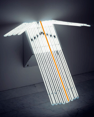 Stephen Antonakos, "White Hanging Neon,†1966, neon lighted construction (programmed), Milwaukee Art Mu-seum, gift of Friends of Art in memory of Mrs Harry Lynde Bradley.