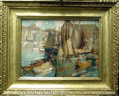 Brought into the gallery just two weeks prior to the auction, the Frederick Mulhaupt Rockport Harbor scene did well, selling at $46,000.