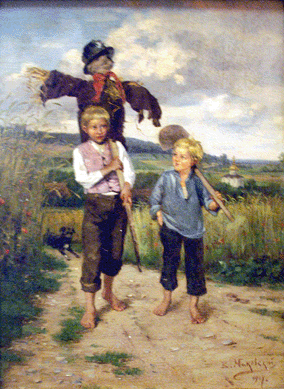 Serious bidding from overseas pushed the Vladamir Makovsky oil, "Two Young Boys in a Field with Scarecrows,†1904, oil on panel, well past presale estimates, with it selling for $35,850.