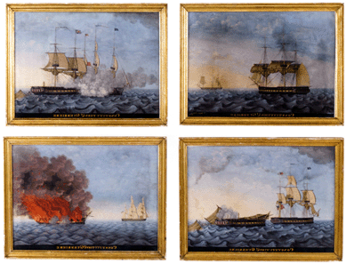 A set of four paintings, the Constitution and Guerriere sighting each other, the Constitution and Guerriere firing on each other, the Constitution and Guerriere dismasted and the Constitution and Guerriere burning, by George Ropes Jr (1788‱819), gouache on paper, all in the original giltwood frames with period glass, 14 by 19 inches, went well over the high estimate of $50,000, selling for $229,000.