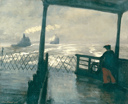"The Wake of the Ferry No. 2,†1907, is perhaps Sloan's most famous painting. Art historian Oliver W. Larkin once called it "a masterful design with few elements: the post of the boat, the barrier at its stern, a corner of the upper deck, a lone passenger and the oily harbor water swelling under a thick sky.†The Phillips Collection.
