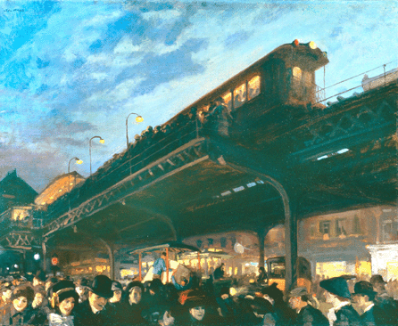 In "Six O'Clock, Winter,†1912, Sloan places the viewer in the jostling sidewalk crowd of the modern city at rush hour, as the elevated train cuts through the picture with a powerful thrust above. The Phillips Collection.