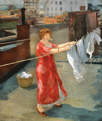 Sloan often depicted life he observed on the city's rooftops, including women hanging their laundry, as in "Red Kimono on the Roof,†1912. The bright palette and complementary colors reflect the artist's embrace of Maratta's color system. Indianapolis Museum of Art.
