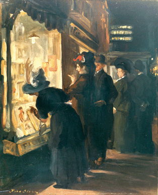 In "Picture Shop Window,†1907‰8, Sloan showed people strolling along the street at night, with special attention to the women in the foreground looking into a brightly lit store. "The silhouette of the woman crouched over to peer at the window's contents&⁰rompts us to want to do the same,†says art historian Katherine E. Manthorne. Newark Museum.