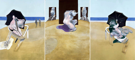 Francis Bacon (1909‱992), "Triptych 1974‷7,†oil, pastel and letraset on canvas, in three parts, each 78 by 58 1/8  inches. Executed in 1974, the central panel was reworked in 1977, signed, titled and dated "Triptych May⁊une 1974 Francis Bacon†on the reverse of each canvas. The work sold for $51.7 million to an anonymous buyer, becoming the most expensive work of art ever sold at Christie's in London and the most valuable postwar and contemporary work sold in Europe.