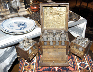 An Eighteenth Century German medical kit with labeled compartments for powders, mineral water and miscellaneous elements, along with pewter containers and glass vials with pewter tops, was available from dealer Paul J. DeCoste of West Newbury, Mass.