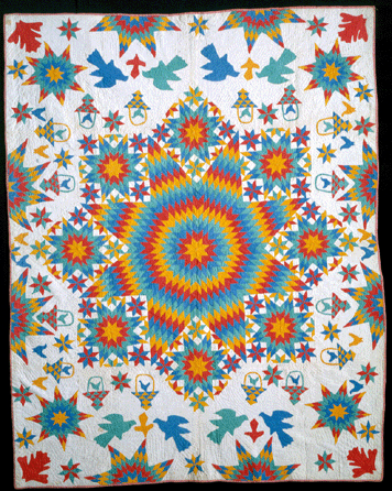 Lone Star medallion quilt, late Nineteenth Century, Ellen Fullard Wright (1818‸9), Rhode Island, collection of the Shelburne Museum, pieced, appliquéd and quilted cotton, 95 by 73 inches.