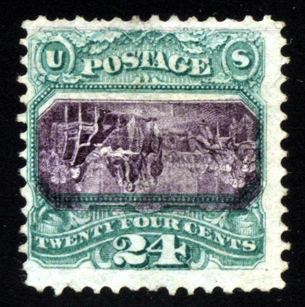 This 1869 24-cent inverted center stamp, #120b, unused, no gum, certified fine; one of only four known to exist, sold for a record $1.2 million.