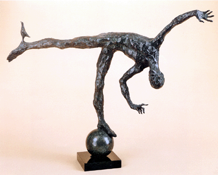 Dimitry Gerrman (Belorussian, b 1955), "Balancing Man with a Bird,†bronze, 27 by 22 by 10 inches.