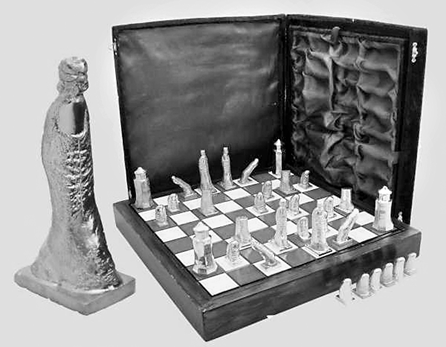 Top lot of the sale was this digitally inspired chess set designed by Salvador Dali. It sold in the room for $23,400. The chess board illustrated with the Dali set was not part of the set and was sold as a separate lot. It was designed by Marcel Duchamp, and sold for $3,042.