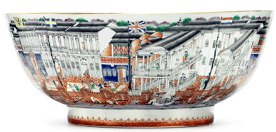A "Hong†punchbowl, circa 1775‸0, which brought $103,000 from a European private buyer, was very finely enameled with a continuous scene illustrating the waterfront view of the Western enclave at Canton.