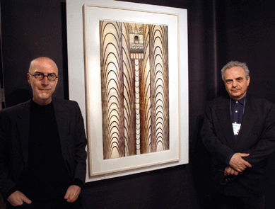 Frank Maresca and Roger Ricco with one of the recently discovered Martin Ramirez drawings, untitled, circa 1960. It was priced $165,000 at Ricco/Maresca, New York City.