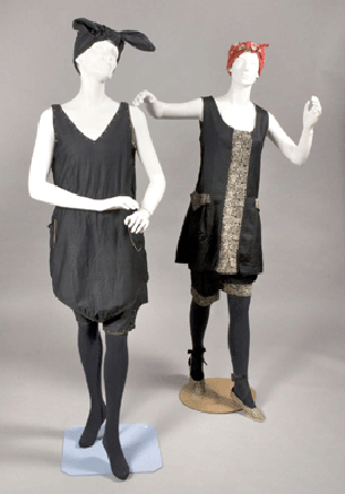 Two woman's bathing suits, circa 1920, American; left, a black cotton with beige piping and right, Yale Knitting Mills black cotton sateen with machine-embroidery. Wadsworth Atheneum Museum of Art, Hartford, Conn. 