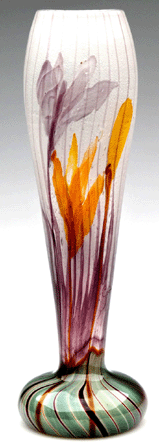 The sale's top lot was a Galle wheel-carved marquetry vase with autumn crocuses decoration and consigned by the Fenton Art Glass Museum. Selling for $20,340, the vase had an engraved Galle signature, a Rue de la Paix, Paris, retailer's label under its base and stood 8¼ inches high. It went to an American dealer bidding by phone, who vied with 12 other phone bidders for the piece.