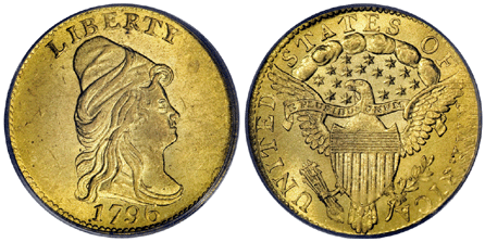 From the Madison collection, the 1796 $2.50 with no stars, realized $1,725,000. This coin, the single finest graded at PCGS, was the finest of the first quarter eagles. 