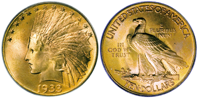1933 $10 gold eagle had a sizable mintage, but most pieces were subsequently melted after presidential order 6260, which prohibited the release of gold coins, was issued by Franklin Roosevelt in March 1933. This rarity realized $552,000.