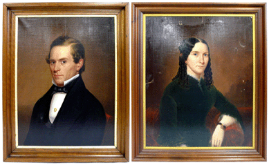 Two oil on canvas portraits were offered. The man, dressed in black coat and tie, elicited $715, while the woman, depicted with long black curls, wearing a hair bracelet with anchor and signed "M. Billings (?) 1853,†inexplicably sold for a lesser $575.