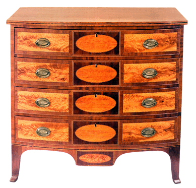 The inlaid mahogany Federal chest, attributed to Saco, Maine, cabinetmakers Cumston and Buckminster, sold at $199,500.