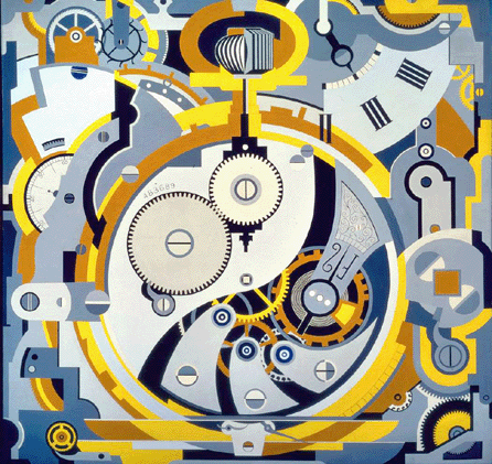 In this 6-foot-square canvas, "Watch,†1925, Murphy meticulously rendered the inside of a Mark Cross watch, at the center, surrounded by dials, springs and levers from other timepieces, including Roman numerals from a watch Sara gave him. Painted with 14 shades of gray, complemented by touches of black, ocher and yellow, it was called "astonishing†and "seducing†by critics when it was exhibited at the 1925 Salon des Independants. Dallas Museum of Art.