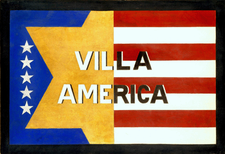 The Murphys underscored their Americanness by calling their Riviera home "Villa America†and entertaining there with American themes. In 1924, Gerald painted this 14½-by-21½-inch sign in the vivid colors of the American and French flags to hang at the driveway to their place. Curtis Galleries.