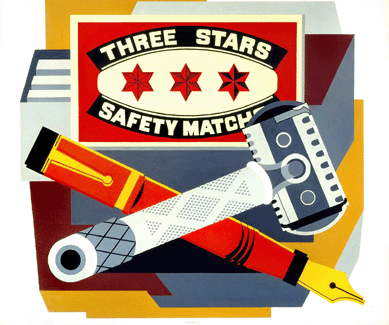 Murphy's experiences with luxury goods at Mark Cross and his affinity for modern design of consumer products animated his best-known painting, "Razor,†1924, replete with an enormous, vividly colored Gillette razor, Parker pen and Three Stars safety matchbox. It is reminiscent of early work by Stuart Davis. Dallas Museum of Art.