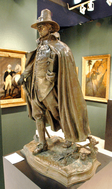 The Augustus Saint-Gaudens bronze, "The Puritan,†circa 1899, was priced at $400,000 at Gerald Peters Gallery, New York City. Gilbert Stuart's "Washington at Dorchester Heights,†left, was $950,000, while the N.C. Wyeth oil titled "Sheriff†was $1.5 million.