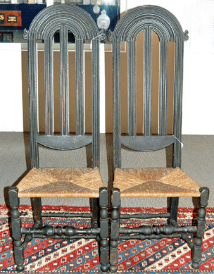 An arresting pair of carved maple side chairs, circa 1730, once owned by Meshech Weare, sold for $130,575.