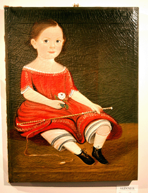 An 1853 portrait of a young boy in a red dress holding a whip and a white rose by William Matthew Prior brought a robust $112,575.