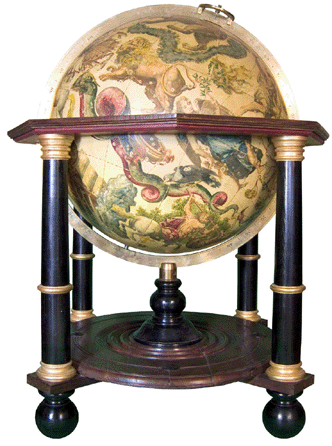 Marco Vincenzo Coronelli, celestial globe, 1698, ink on paper, plaster, brass and oak, shows many details, including ocean currents, jungles with groups of trees, constellations of mythical beasts and the known contours of the continents. ⁐rivate collection photo, Virginia