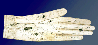 George Shove created this map of London on a glove for the Great Exhibition of 1851; printed map on leather. ⁐hoto reproduced by permission of The National Archives of the United Kingdom, Kew.
