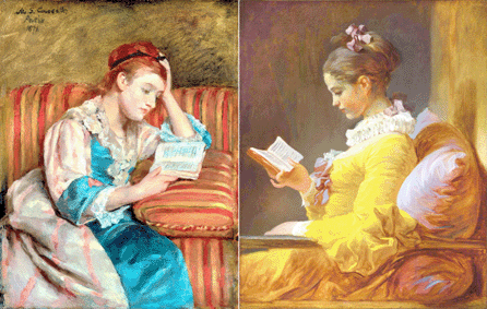 The fluid paint handling and sense of self-absorption of Mary Cassatt's "Mrs Duffee Seated on a Striped Sofa, Reading,†1876, (shown left) grew out of the artist's admiration for similar works by rococo star Jean-Honore Fragonard (Museum of Fine Arts, Boston) such as "A Young Girl Reading,†circa 1776, National Gallery of Art.