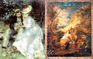 Among the Impressionists, notably Monet, Morisot and Renoir, one of the most admired earlier French artist was Jean-Antoine Watteau, whose "The Bird Nester (The Robber of the Sparrow's Nest)†(shown right) is a tiny exercise in elegant imagery. National Gallery of Scotland. Pierre-August Renoir's affinity for the luminous palette and light touch of Eighteenth Century French masters such as Watteau influenced "Confidences,†1873. Portland Museum of Art.