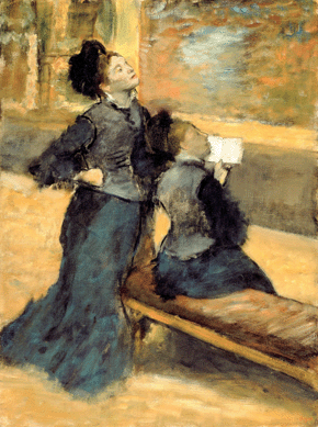 Like many of the Impressionists, Edgar Degas steeped himself in art of the past by copying Old Master works at the Louvre. "Visit to the Museum,†circa 1879‸0, may depict his friend Mary Cassatt and her sister at the Louvre. Museum of Fine Arts, Boston.