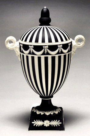 The black and white jasper covered urn-form handled vase, mid-Twentieth Century, is marked "Wedgwood, J, Made in England.• style=
