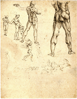 Leonardo da Vinci, figural sketches, circa 1505, pen and brown ink with traces of black chalk on paper.
