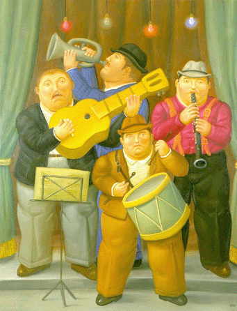 Fernando Botero (Columbian, b 1932), "The Orchestra,†2001, oil on canvas, 80 by 56¾ inches. Private collection.