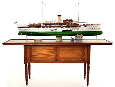 Highly detailed 1:48 scale model of the 258-foot SS Delphine, circa 1921, the private motor yacht of automobile manufacturing pioneer Horace Dodge, went out at $39,600. "It will be staying in Maine,†stated gallery owner Kaja Veilleux. The 26-by-64-by-12½-inch scale model was made by Croatian-born machinist Milan Rubessa, and had been purchased directly from the estate of Anna Thompson Dodge in 1971 by television host Gene Rayburn, who was Rubessa's son.