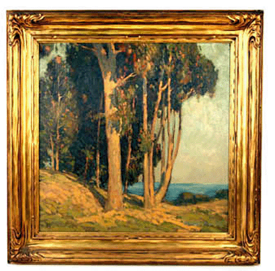 Edgar Alwin Payne (1883‱947) Laguna, Calif., coastal scene with a screen of trees, oil on canvas, 18 by 18 inches, signed lower right and in its original carved and gilded corner frame, sold for $38,500. 