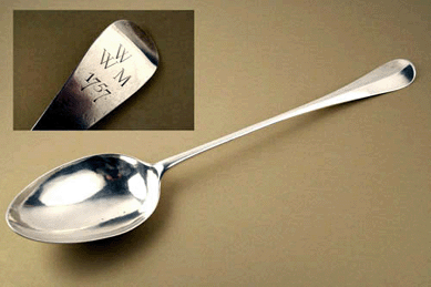 Selling to "an astute silver dealer†for $20,350, this serving spoon made in the Eighteenth Century by Philip Syng Jr (1703‱789) of Philadelphia was embossed three times with Syng's mark and engraved on the reverse of the handle "WWM 1757†for William West Sr (1724‱782), an Irish immigrant, Philadelphia dry goods merchant and compatriot of both Syng and Benjamin Franklin.