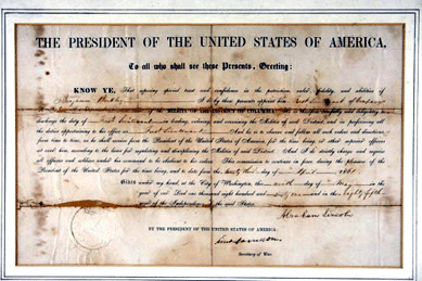 A document signed by Abraham Lincoln, a military appointment of First Lieutenant Benjamin Berkley of Company K, Washington, D.C. Guard, dated April 23, 1861, drew a winning bid of $3,850.