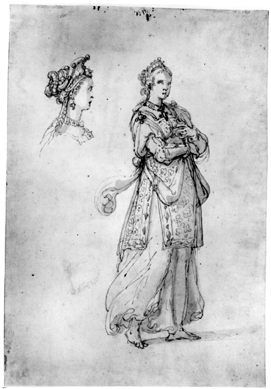 Bernardo Buontalenti (1536‱608), "Standing Woman in Costume, and Separate Study for Her Headdress,†1589, pen and brown ink, with brown wash, over black chalk, on paper, 9 5/8 by 6½ inches.