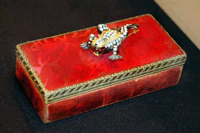 A frog of diamonds, opals and enamel with ruby eyes at Fine Arts Ltd, Greenwich, Conn.