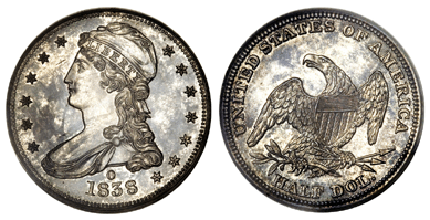 The 1838-O reeded edge half dollar, one of the classic American rarities, was one of the top lots, selling at $632,500.