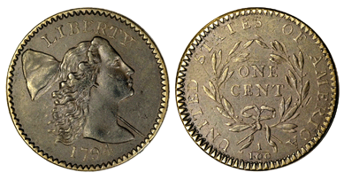 The 1794 one cent, from the Husak collection of large cents, has starred reverse; it also tied for top lot at $632,500.  