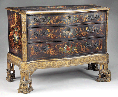 An English Chippendale painted and carved chest of drawers, circa 1760, featured hand painted flowers on a faux tortoiseshell background with relief carved base and gilt pierced scrollwork feet. Offered with an $8/15,000 estimate, it caught the eye of several American and European collectors, ultimately going to a phone bidder for $155,250.